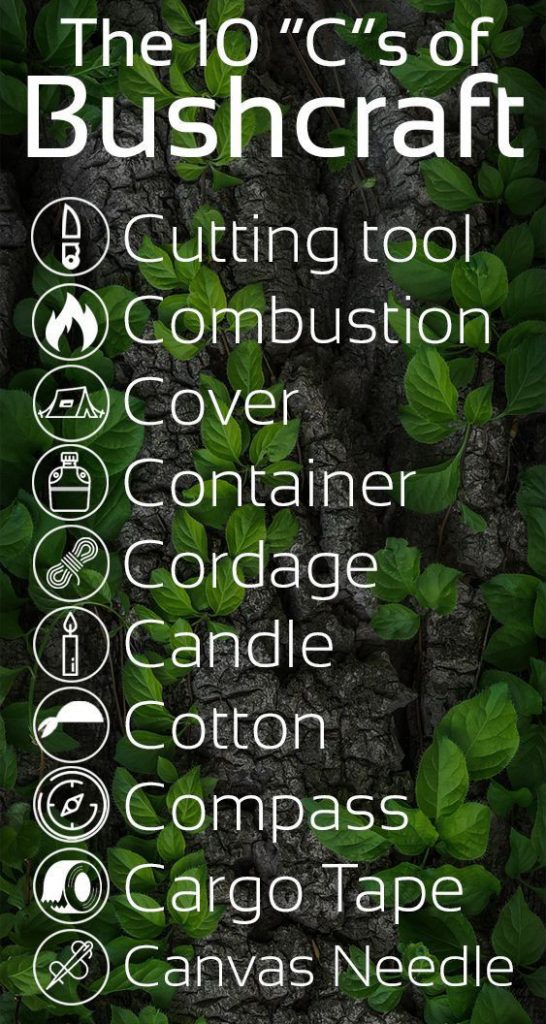 The 10 Cs: Your Tools of Readiness You must arrive with all 10 Cs in your pack and know their use: Cutting tool Combustion device Container (metal) Cordage Cover (tarp/shelter) Candlelight (headlamp) Cotton bandana Compass Cargo tape Canvas or nylon pack